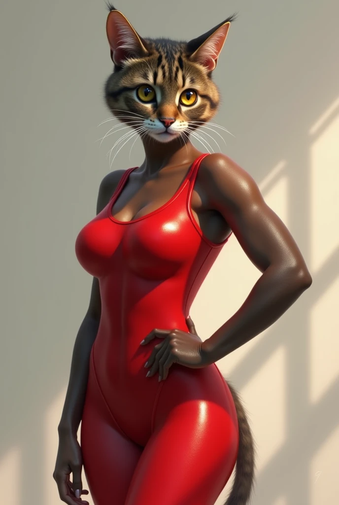 Please make a cat wearing a red tank top, And sexy pose、