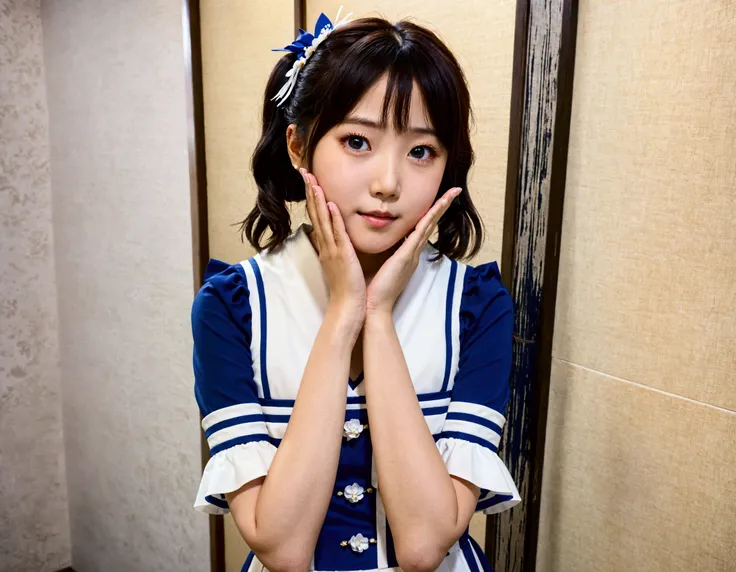 There is a young girl posing for a photo in a blue and white dress., chiho, motto hole, shikami, Narumi Kakinouchi, Kimi Takemura, Yoshitomo Nara, Harumi, Mitsumayo, 8k!!, Chiho Ashima, Yasumoto Oka