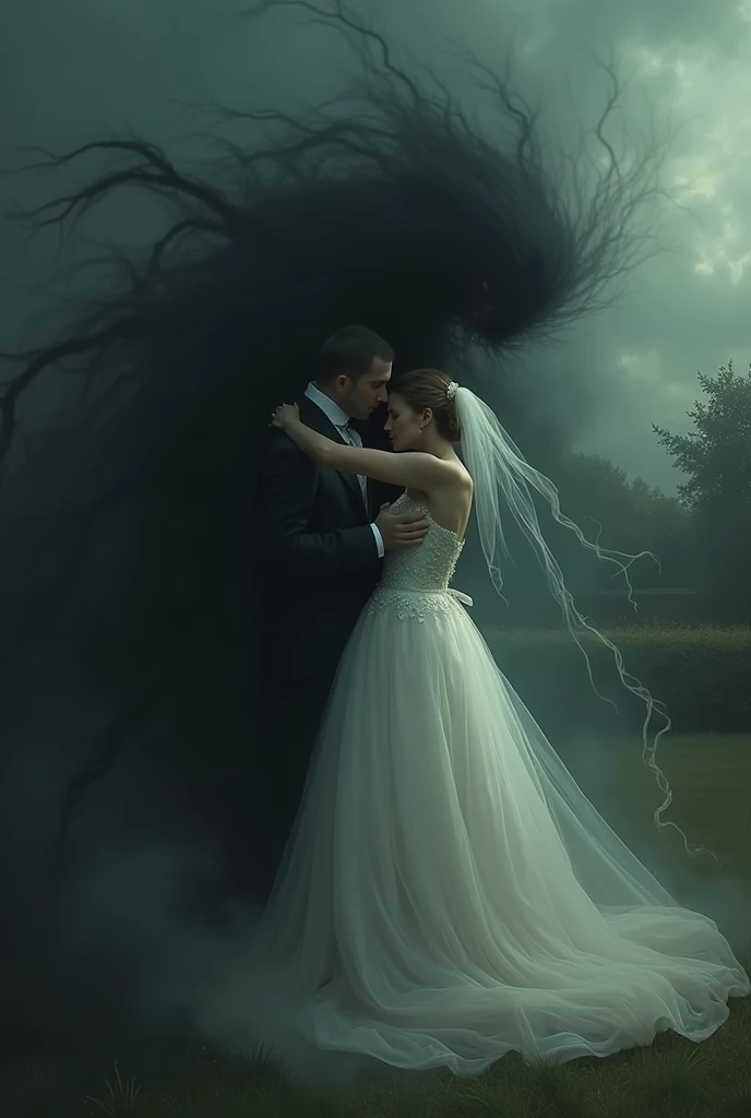 Wedding couple being pulled by darkness