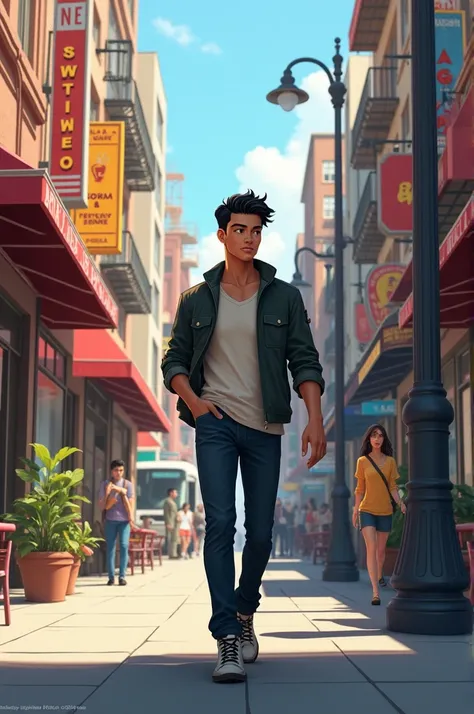 A young man named Lucas walks down a busy street.