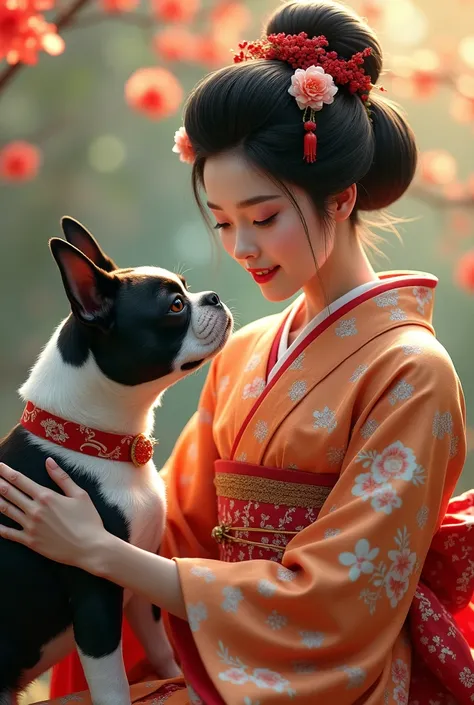 a boston terrier dog, a maiko (geisha apprentice) in traditional japanese clothing, detailed kimono, detailed facial features, cute, adorable, beautiful, elegant, refined, graceful movements, natural lighting, warm colors, (best quality,4k,8k,highres,maste...