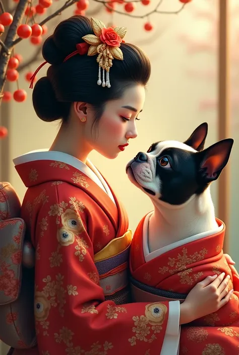 a boston terrier dog, a maiko (geisha apprentice) in traditional japanese clothing, detailed kimono, detailed facial features, cute, adorable, beautiful, elegant, refined, graceful movements, natural lighting, warm colors, (best quality,4k,8k,highres,maste...