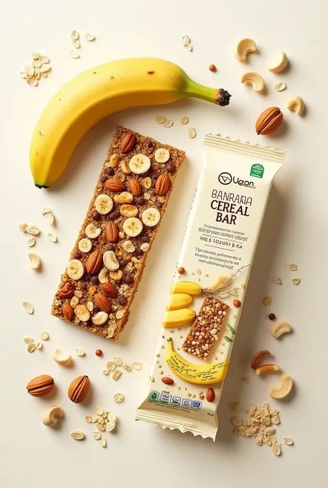 A label for a banana cereal bar, aveia, molasses, cashew nut, Brazil nut, peanut, chia and nuts. I need you to package this product. You don&#39;t need to put anything written on the packaging. Only the drawing of the ingredients and the information that t...