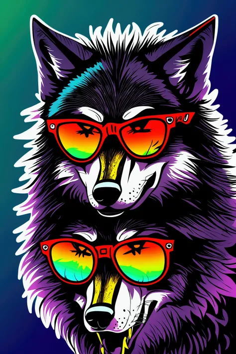 A cool wolf with sunglasses , splash background , gritty , contour, neon colour, 2d , vector , sticker, detailed