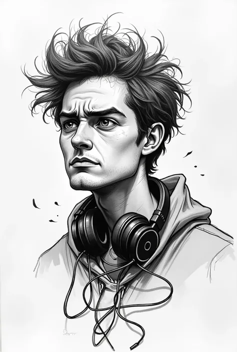 stressed young man with tangled corded headphones, very animated drawing . Now this young man is thinking