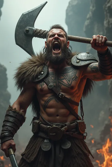   Realistic Viking Warrior Screaming with Teeth Bared with Norse Tattoo Around Eye and Eyes Open with Axe 