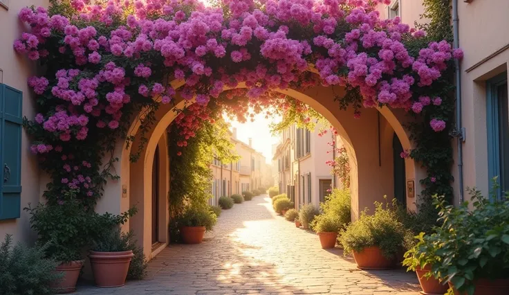 A Bougainvillea arch adorning the entrance to an alley in Provence. sun in the background. Sunbeams penetrating through the gaps in the bougainvillea. David Hamilton Style.