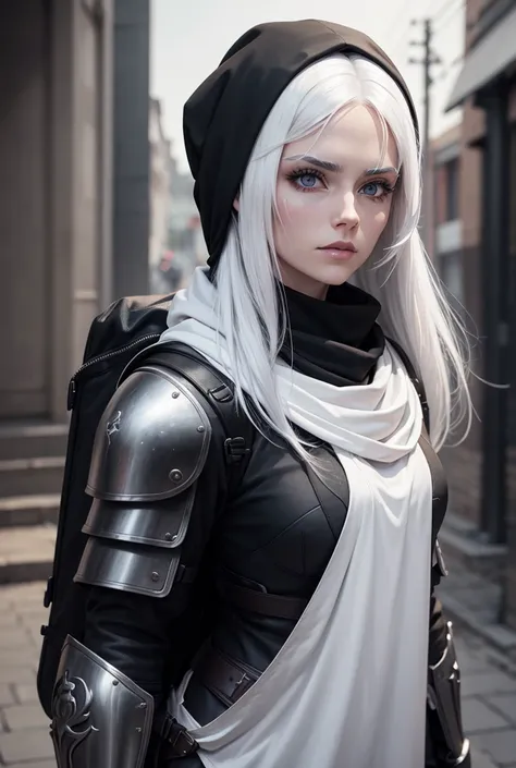 White haired woman, and long, black cowl, black clothing, eye white, Caucasian skin, rosto coberto por scars, scars,  dressing, lightweight armour, backpack on the back, In 4k,