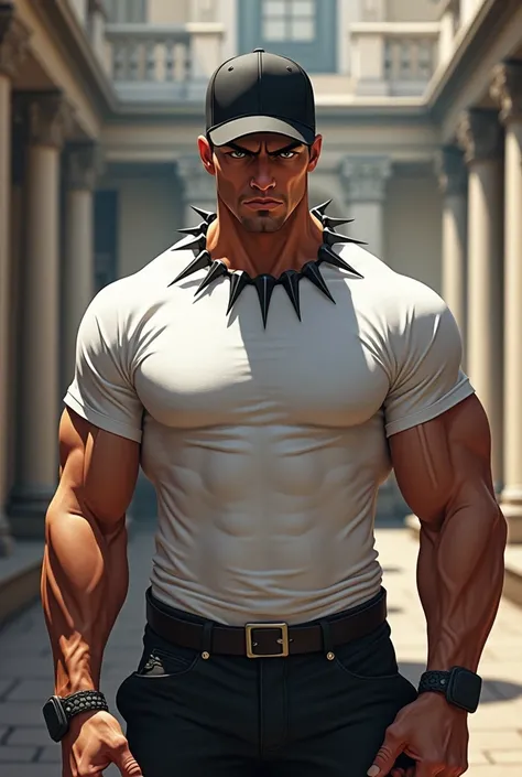 muscular man in black cap and white t-shirt, spike collar, academy, wicked look, academy