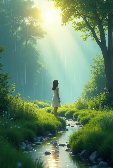 1 girl in a peaceful natural landscape, flowing river, rain, sunlight, lush greenery, detailed realistic landscape, highly detailed, cinematic lighting, dramatic lighting, vibrant colors, photorealistic, masterpiece, 8k, best quality