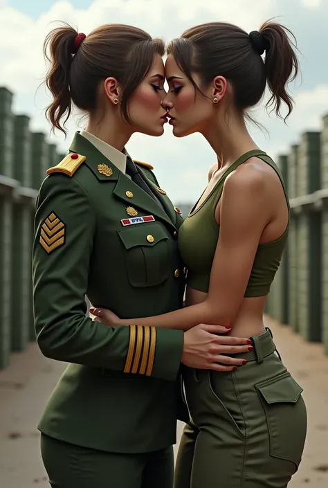 Female military officer in army green suit kissing with female soldier in military pants and green tank top