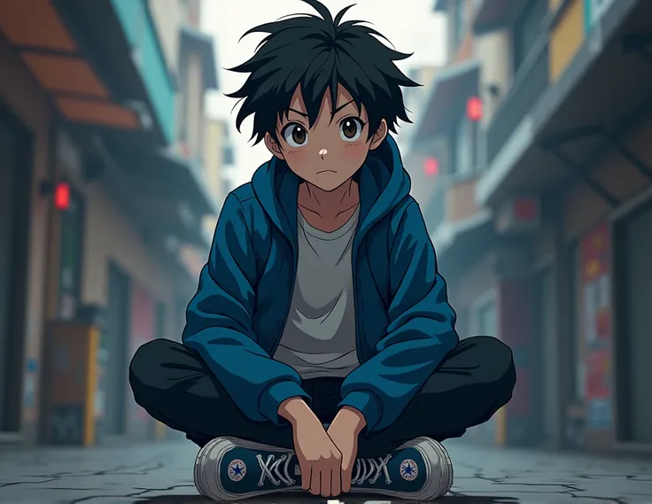 a  with white skin, intense dark brown eyes, dark brown, wavy and slightly messy hair who wears a blue jacket, and navy blue Converse All-Star on Hunter x Hunter