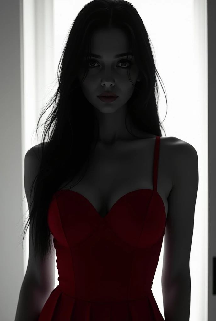 woman, long straight black hair, big bust, red dress, black stockings, black and white silhouette image, looking at the camera, photorealistic