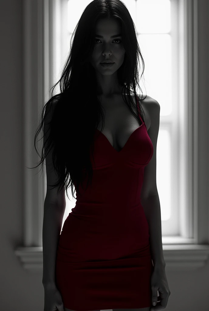 woman, long straight black hair, big bust, red dress, black stockings, black and white silhouette image, looking at the camera, photorealistic