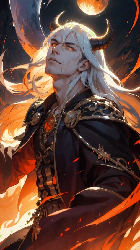 (absurdres, highres, ultra detailed), 1 male, mature, aged up, handsome, tall muscular guy, broad shoulders, long white hair with bangs, undercut, orange eyes, dragon horns on head, smirking expression, sunset long sleeves, finely detailed eyes and detaile...