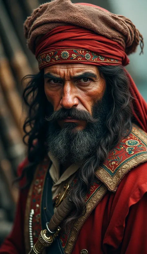 Create a highly detailed 4K portrait of a Barbary pirate from the Ottoman era. The pirate should have a fierce, weathered look with traditional North African attire, including a turban or fez, richly embroidered clothing, and ornate weapons like a scimitar...