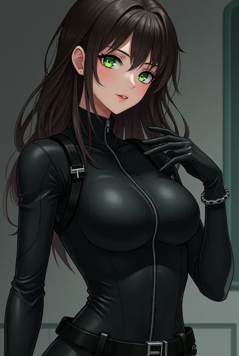 Senn tilted. Physically attractive 1 woman with long dark brown hair, greeneyes, wearing a black infiltration suit, tilted view. anime styling. Seen tilted