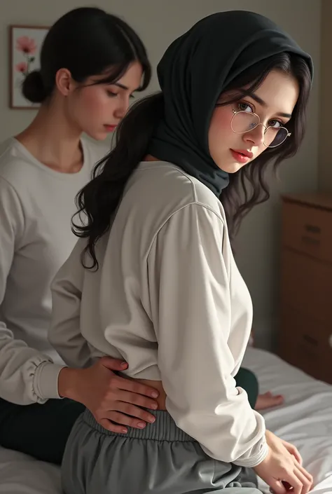 Black headscarf at home, white long sleeve t shirt, grey sweatpants, white socks, Sexy woman with glasses. Men touching women&#39;s buttocks.