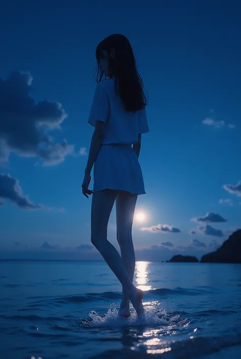 (close up:1.4)、(RAW photos:1.2)、(Reality:1.4)、(masterpiece:1.3)、(best quality:1.4)、Japanese Girls、(Night view:1.2)、Thin clothes、pretty girl、Put one foot in the sea、Stand on tiptoe、landscape、Between the horizon and the sea、Look sideways、Ripples spread from ...