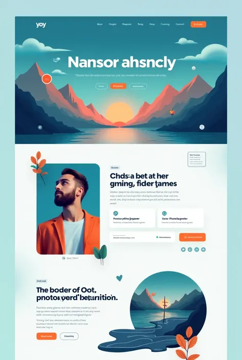 "A professional, organic homepage design for Yoy with a celeste background (#4594CB). White text (#FFFFFF) is used for headings and content, with vibrant orange (#FF6F00) accents for buttons and key highlights. The background features stylized mountain sha...