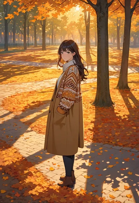 The image shows a person wearing a patterned sweater, standing outdoors in what appears to be a park or wooded area. The setting sun casts a warm, golden light, creating long shadows on the ground covered with fallen leaves. The person is holding a coat or...