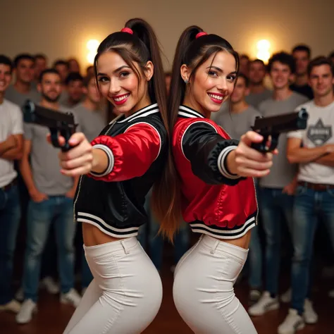 wide depth of field, wide depth of focus, f/11 lens setting, all objects in focus, full color image, 2 laughing women standing back to back, posing with pistol held strait up by face, looking at camera ,large fraternity house game room, full body image, (t...