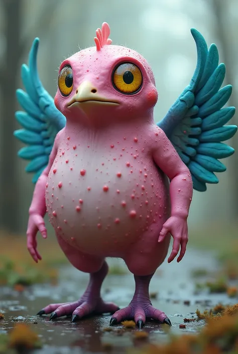 pink bodiless cyclops with freckles, mouthless with yellow eye. with purple chicken feet and blue angel wings