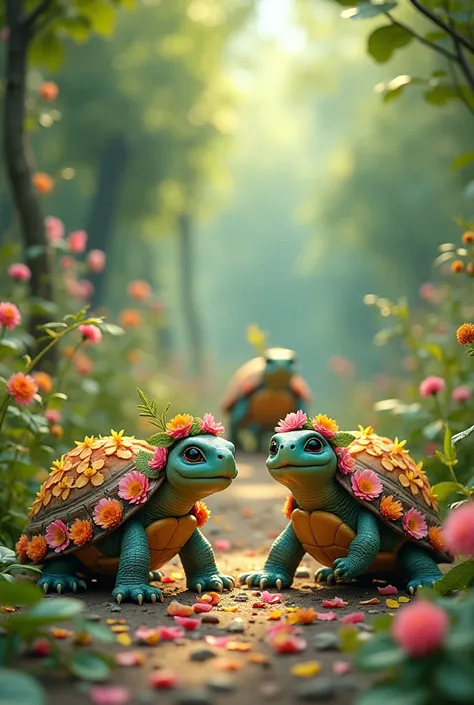 The turtles made colorful decorations with leaves and flowers.