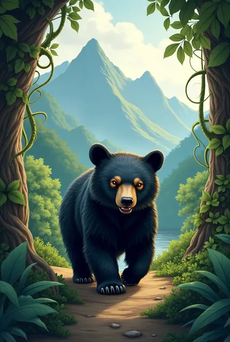 Logo of a small black bear with lead spots on its eyes walking in the jungle with mountains in the shape of a sleeping woman