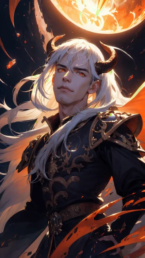 (absurdres, highres, ultra detailed), 1 male, young, handsome, tall muscular guy, broad shoulders, long white hair with bangs, undercut, orange eyes, dragon horns on head, smirking expression, sunset long sleeves, finely detailed eyes and detailed face, ex...