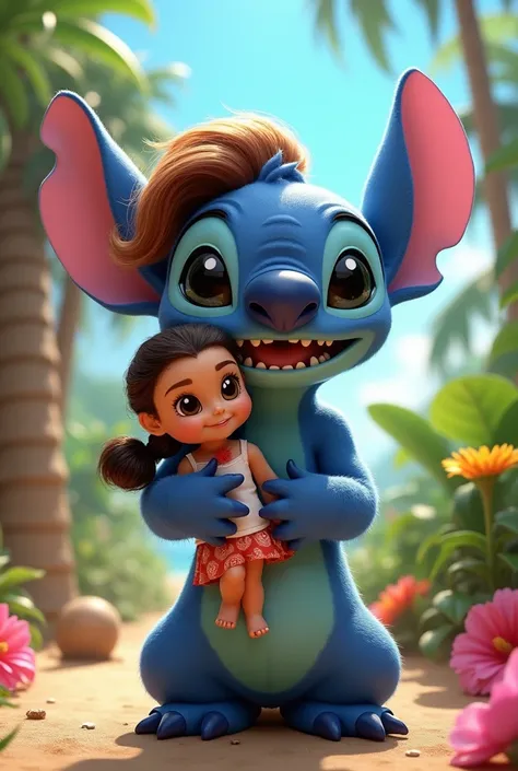 Emma Watson disguised as Stitch and holding a Lilo doll