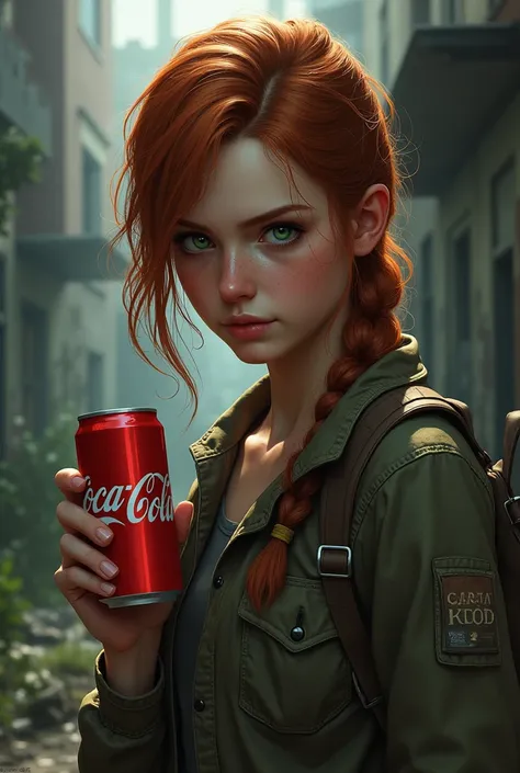 Ellie from the game "the last of us" with a can of coca cola.