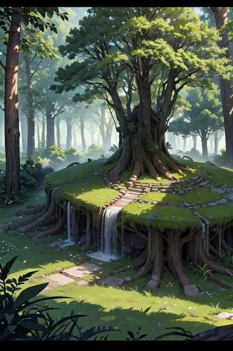 Create a battle map for a Dungeons and Dragons role-playing game, omitting the winding paths. Use the provided image as a reference, which displays an overhead view of a lush, dense forest with various trees and foliage. The landscape is textured with shad...