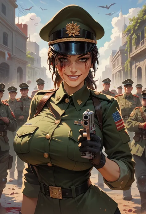 lara croft, hyper breasts, military uniform,blood spils on uniform, soldier hat,battleground, at the war, detailing face, detail...