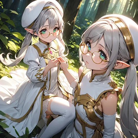 female elf, 1 girl, solo, gray hair, twin tails、short bangs, emerald green eyes, white dress, white beret, white thigh-high boot...