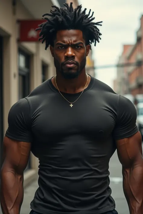 He is very muscular and has thick arms., wearing a tight t-shirt that shows off his muscles.、Black man with curly hair nudred style。