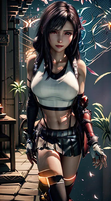 (8ｋ、highest quality、MASTERPIECE:1.2)、(photorealistic:1.3 of 7)、Super Detailed、girl 1 person、mature、solo、(Tifa Lockheart)、(big chest)、(((huge lift clothes to show bra)))、(((black bra)))、(beautiful eyes)、(smiling:1.2)、(Closed)、erotic pose、dance、neons、street ...