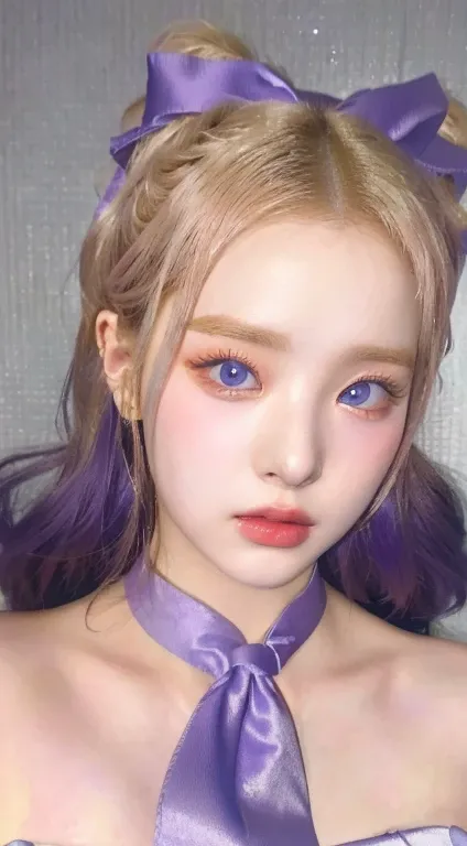 a woman dressed in red with a purple bow and a purple tie and blue like eyes, inspired by yanjun cheng, yanjun chengt, kawaii re...