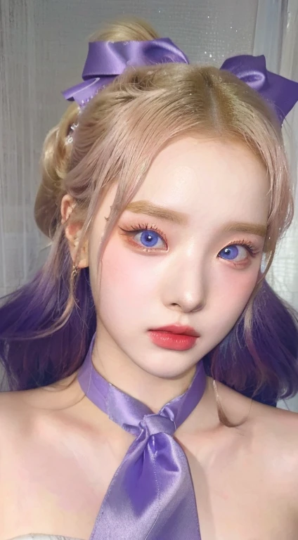 a woman dressed in red with a purple bow and a purple tie and blue like eyes, inspired by yanjun cheng, yanjun chengt, kawaii re...