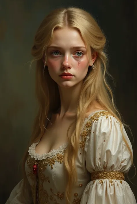 A Renaissance-style painting of a beautiful blonde woman, with period clothes, sobbing