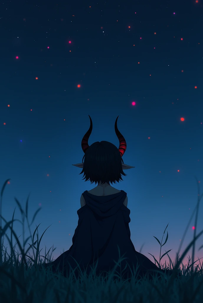 An adult girl with a very short haircut like a boy, with black hair and black horns like a Chinese dragon, with ears like an elf, sits in a field at night and looks at the stars in an anime-style photo from above in black clothes and red eyes