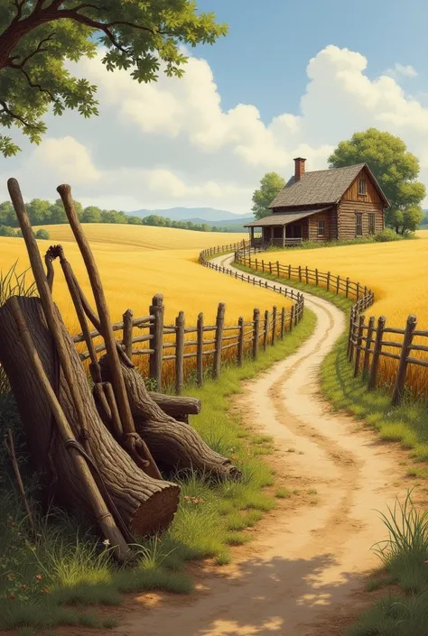 Drawing of a countryside landscape, with some field tools leaning against a log, a wheat field, a house in the background and a road with an old fence