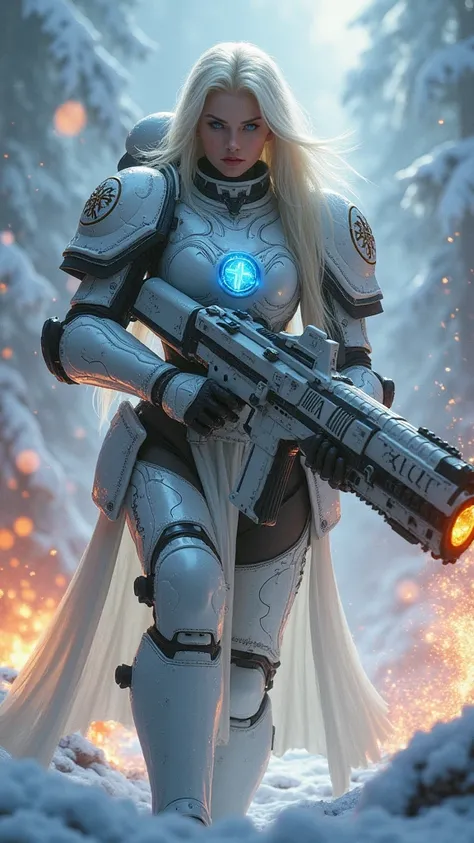 a beautiful woman with long platinum blonde hair, porcelain skin, ice blue eyes, sexy sisters of battle from the warhammer 40k, shooting at the enemy, frosty white space marine armor with intricate details and glowing religous symbols, sisters of battle, A...