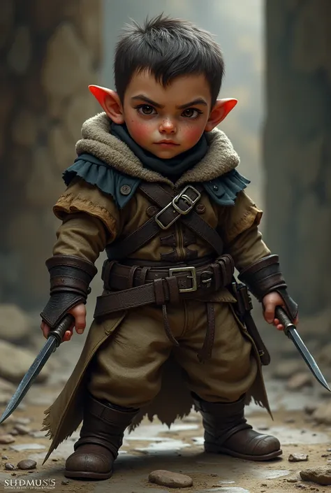 Race Halfling Adult Class: killer man height : 1,00 dark brown hair short hair brown eyes dark white skin AGE: 29 Two daggers in hand 
