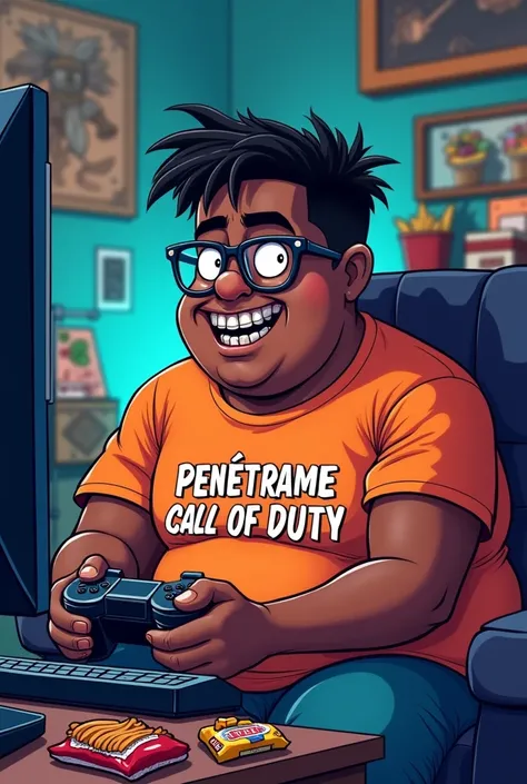 Create an image of a fat, dark-skinned, nerdy man with braces playing video games with a t-shirt that says "penétrame call of duty"