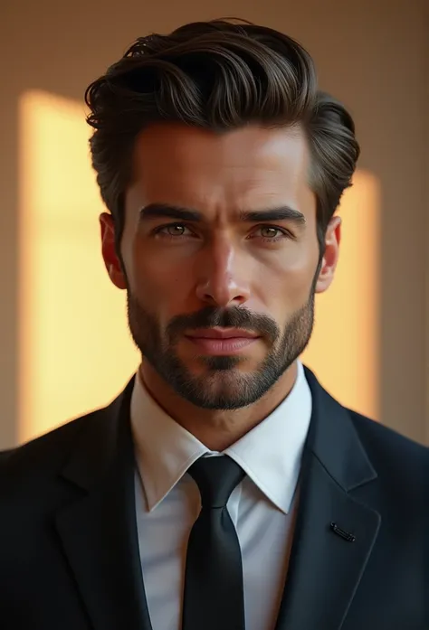 best qualityer,ultra detali,realisitic:1.37,handsome man,beautiful  face,detailedeyes,strong chin,unshaven beard,charming smile,stylish suit,Stylish hair,shaven,confident stance,gentleman,captivating stare,Well prepared,proffesional,template appearance,bri...