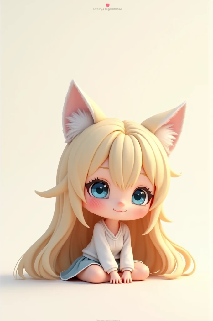 Make a female Chibi character with long blonde hair, blue eyes, white cat ears and a slight smile