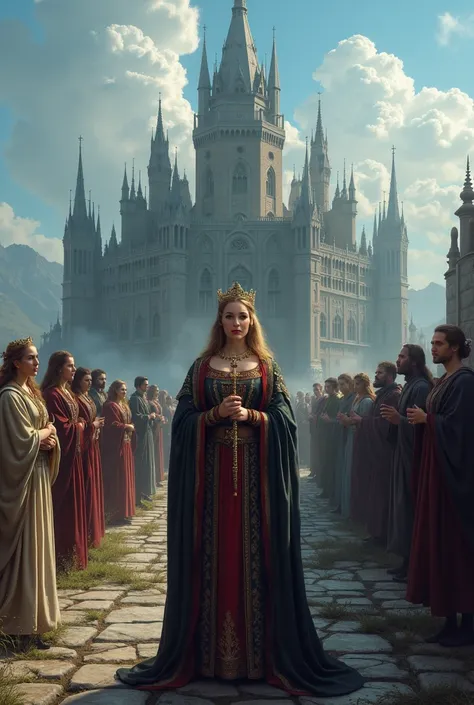 a well-dressed medieval queen with a Catholic rosary in her hands, in the background, lots of people and a gothic castle, on one side of the sky day and on the other night