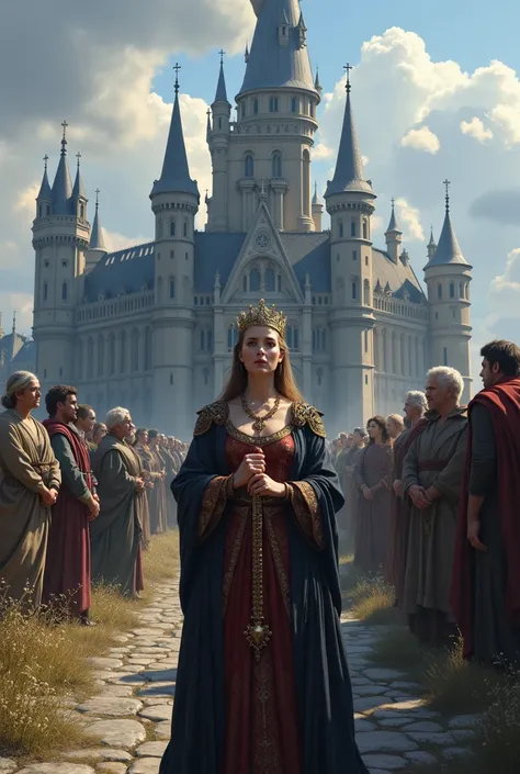 a well-dressed medieval queen with a Catholic rosary in her hands, in the background, lots of people and a gothic castle, on one side of the sky day and on the other night