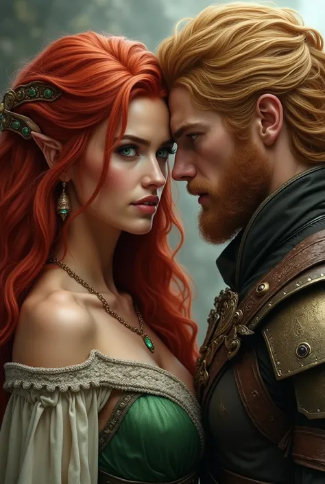 a beautiful female warrior with red hair and green eyes, in a love triangle with two male warriors, one with long red hair and the other blond the seduce her make the face of first warior inlove to her and sexy 